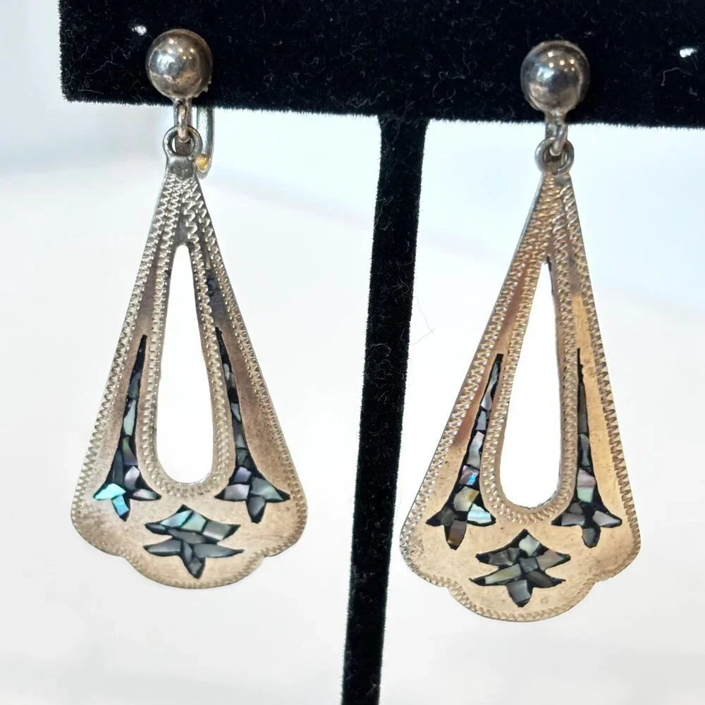 Vtg Sterling‎ Silver Abalone Drop Dangle Earrings Tear Drop Screw Back 2